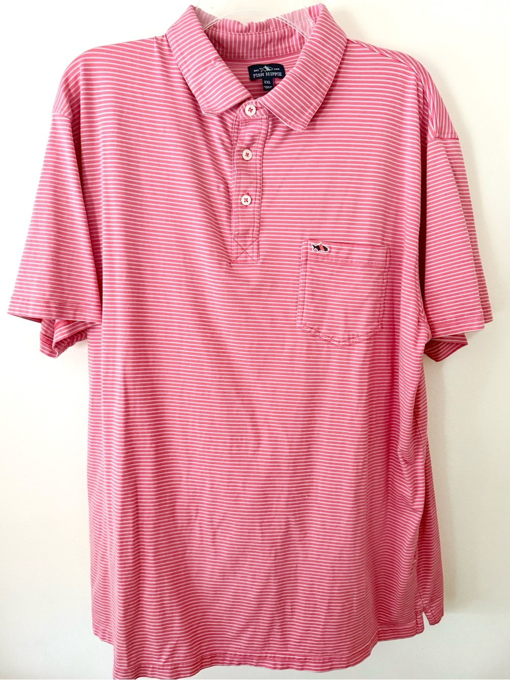 Fish Hippie Co Shellbine Stripe Polo in Salmon XXL